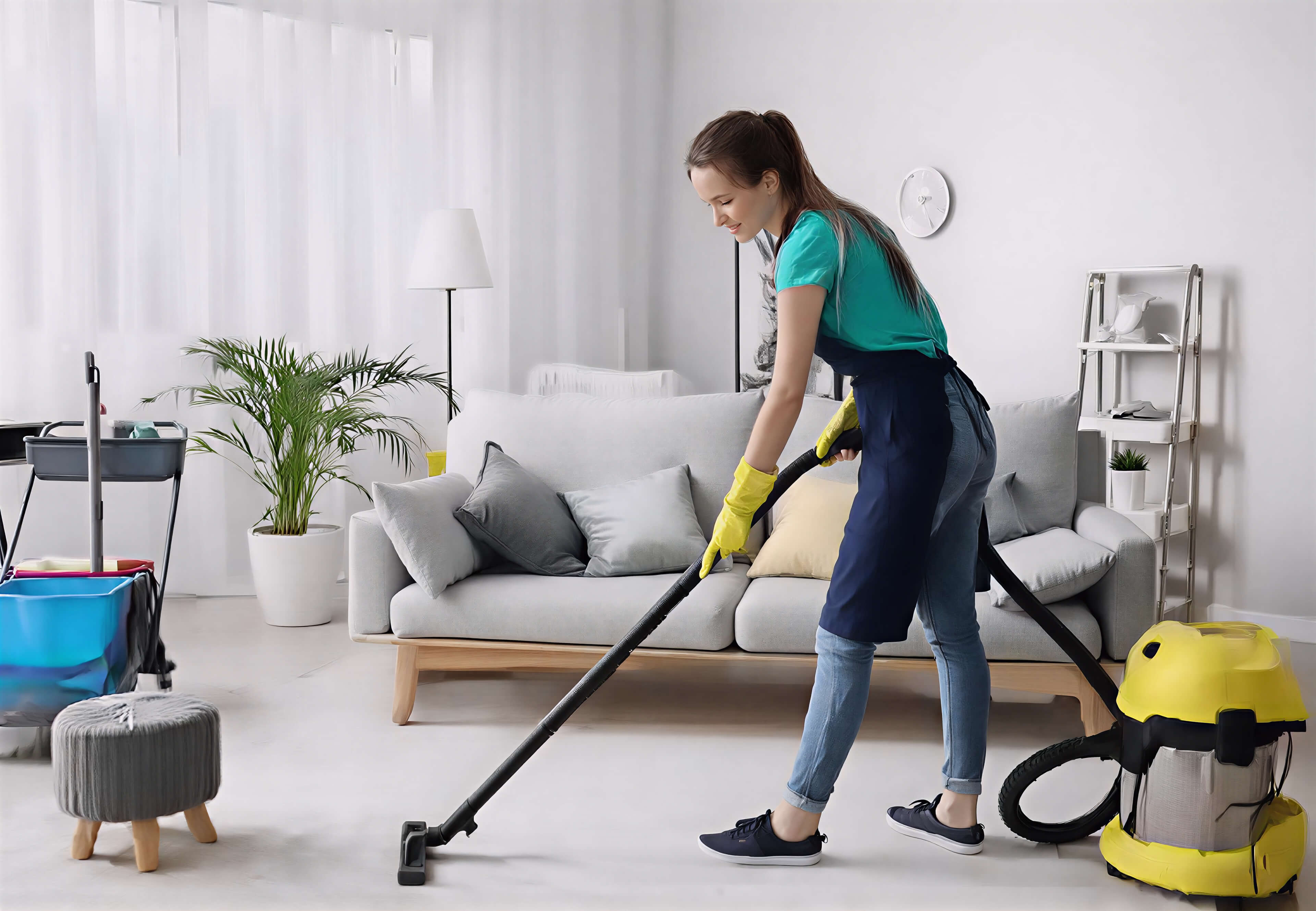Team of cleaners working in modern office with equipment